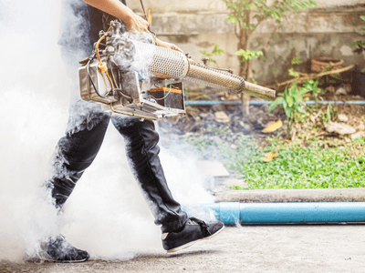 Mosquito control technician fogging a yard in San Antonio